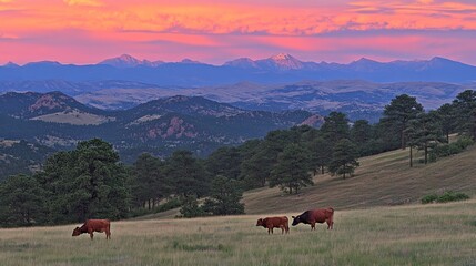 Fototapeta premium Cows graze in a mountain pasture at sunset.