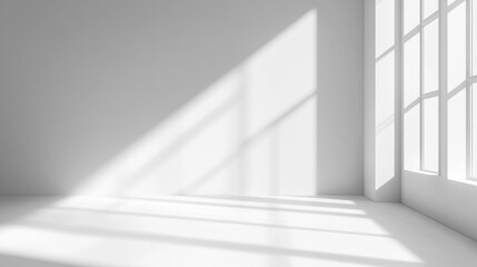 Obraz premium Minimal white light and shadow background. A serene white background with gentle light. Background for product presentation with shadow and light from windows.