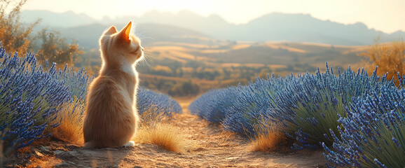 Orange Kitten in Lavender Field at Sunset