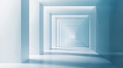 Fototapeta premium A large, empty room with white walls and floors, Empty white corridor with glass walls. Blurred motion image in blue and white tones. 