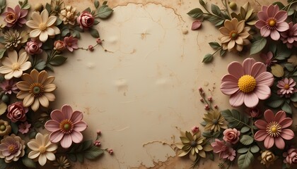 Elegant floral frame with pastel flowers on textured background