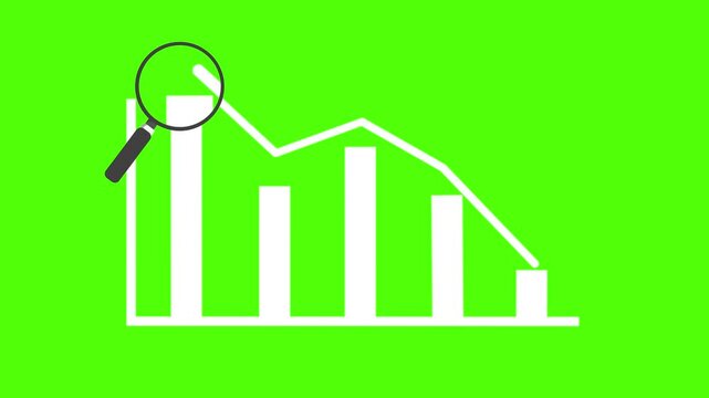 animated down graph analysis of rising bar graph loss analysis with magnifying glass 4k looping green screen