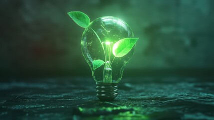 A green energy bulb symbolizes an eco-friendly environment and technological innovation.