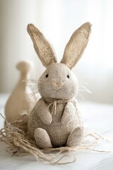 Handmade fabric bunny toy with long ears and stitched face, surrounded by green leaves on a white wooden surface. Rustic concept