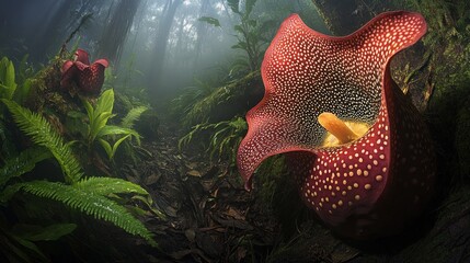 A vibrant red and speckled Titan arum flower blossoms in a mystical rainforest, surrounded by lush green ferns and misty atmosphere.