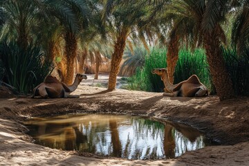Camels Relaxing by Water in a Lush Palm Oasis Landscape