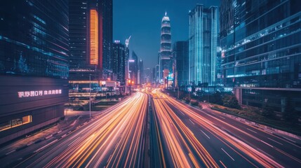 Fototapeta premium Night cityscape with long exposure light trails on highway between skyscrapers.