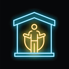 Glowing neon line showing a man exercising indoors at home with a jump rope