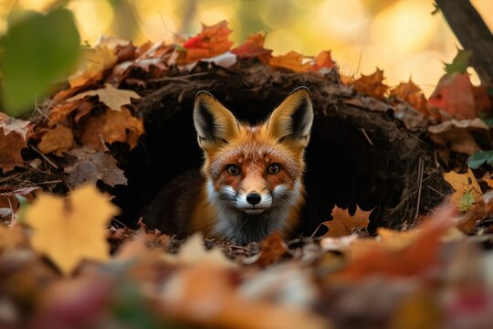 A red fox peeks from its den nestled amongst autumn leaves, a captivating wildlife scene. - Powered by Adobe