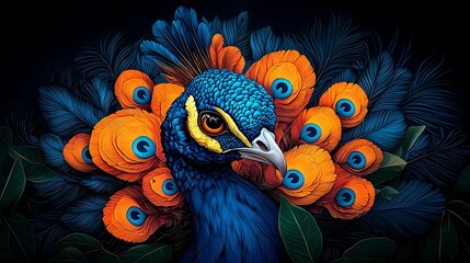 Fototapeta premium Vibrant peacock displaying its colorful plumage amidst lush foliage in a striking artistic portrayal