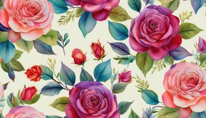 Vibrant Watercolor Seamless Rose Pattern, Showcasing Rich Reds and Pinks, Creating a Romantic and Ethereal Scene Perfect for Digital Art, Home Decor, or Design Inspiration.