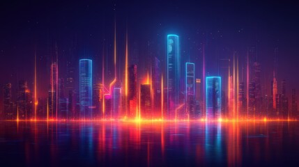 Fototapeta premium Neon cityscape, futuristic glow, reflection, night, digital art, website banner