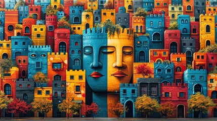 Fototapeta premium A community mural celebrates the stories of its people in this vibrant flat design piece