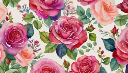 Vibrant and Romantic Watercolor Seamless Rose Pattern, Showcasing a Lush Bouquet in Rich Colors and Textures, Ideal for Digital Art, Home Decor, or Design Inspiration.