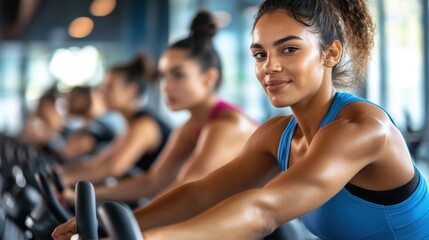 Fototapeta premium people doing cycling training in class in gym.