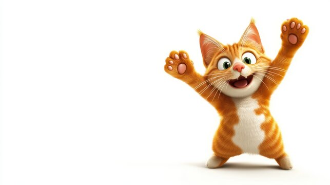 A happy, excited, and funny ginger cat cartoon character in 3D design style, jumping with paws up against a white background.