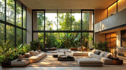 Fototapeta premium Luxury Tropical Villa Living Room: Modern Design with Floor-to-Ceiling Windows Showcasing Lush Greenery