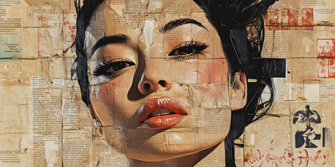 A striking portrait of a woman overlaid with torn newspaper textures, blending realism with mixed media collage in a contemporary art style.  