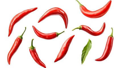 Red chili peppers and powder flying in the air, isolated on a white background with a clipping path. High-quality photo, in a clipart style, on a white background, in PNG format. 