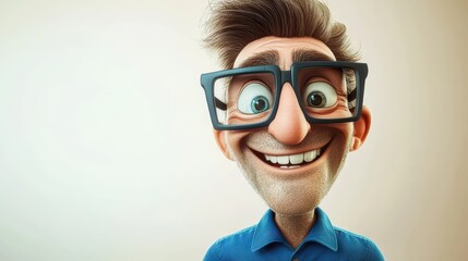 A happy, smiling cartoon character of an adult man, wearing a blue shirt and large glasses, is depicted in a 3D style on a light background.