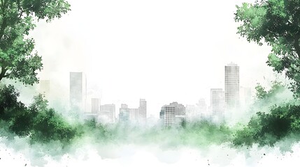 Obraz premium Simplified green city park with trees and buildings in the background, white background, clip art style, watercolor painting, vector illustration, white background, white space at the top of 