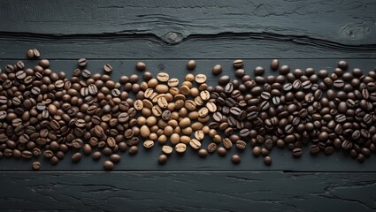 Obraz premium Assorted coffee beans arranged on dark textured tabletop showcasing a variety of colors and types from darker to lighter shades.