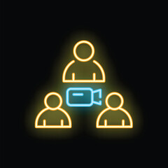 Neon sign of a group video call, with three people and a camera icon, glowing yellow and blue on a black background