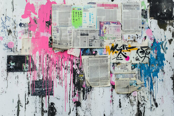 Fototapeta premium A contemporary collage featuring bright neon pink, yellow, and blue paint splashes over layered newspapers, blending graffiti and mixed media art. 