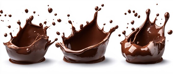Obraz premium Three chocolate splashes with flying drops on white background in studio shot for food concept