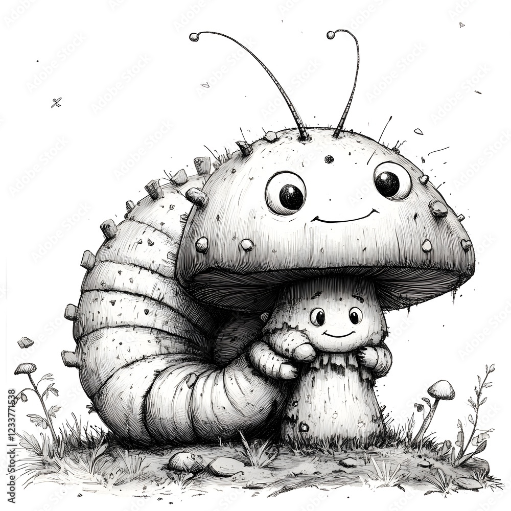 Poster playful blackandwhite illustration of a caterpillar with exaggerated features sitting on a comically