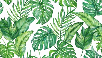 Vibrant and Artistic Watercolor Illustration of Exotic Tropical Leaves, Showcasing Rich Colors and Textures, Perfect for Decorative Purposes or Wall Art.