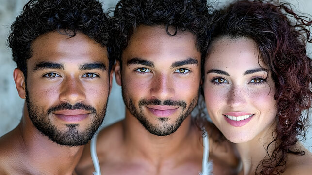 Three diverse young adults smiling, close-up portrait
