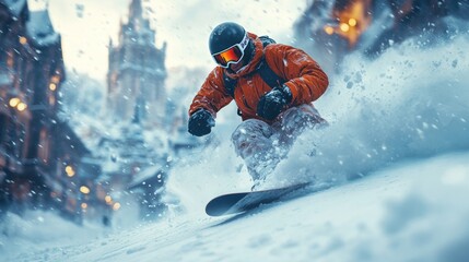 Snowboarding in a Snowy Mountain Village