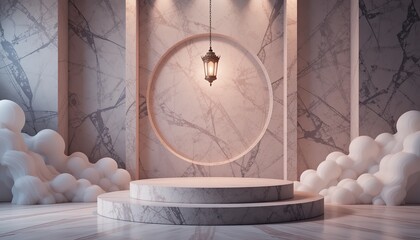 Elegant Marble Platform Display Minimalist Product Presentation Studio Background Soft Clouds Pink Tones Modern Interior Design Scene Luxury Showcase Mockup Scene Elegant Podium Lighting 3d art room  