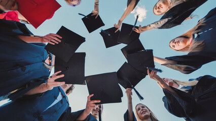 Happy students in academic gowns tossing their mortarboards in the air at graduation ceremony