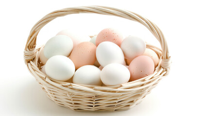 Organic Eggs in a Wicker Basket Displayed on a Bright White Background for Culinary and Farm-Themed Projects, Recipes, and Food Photography