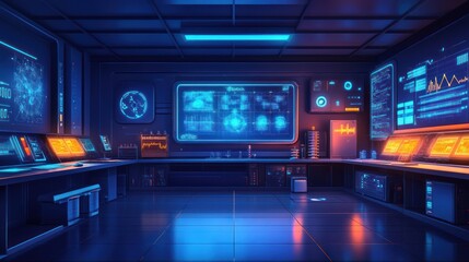 Obraz premium Futuristic lab monitors data, nighttime research