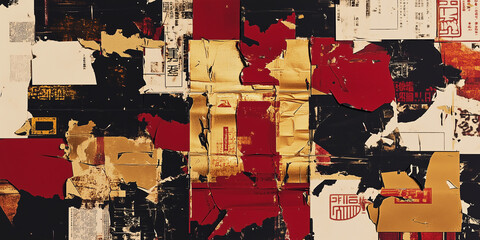 An abstract collage featuring torn newspaper clippings with gold and red accents, creating a bold and textured visual composition.  