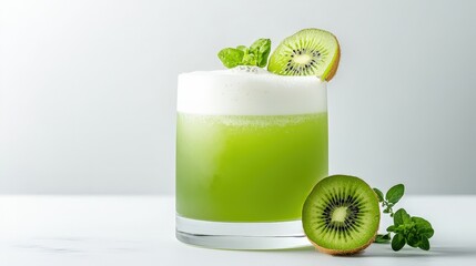 A glass of green liquid with a slice of kiwi on top