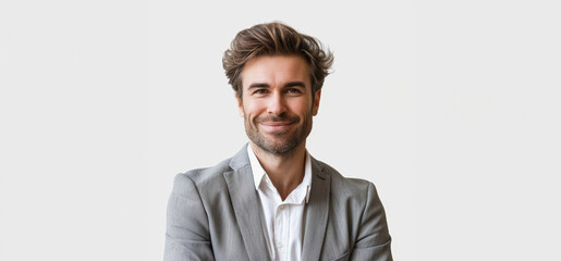 Caucasian adult man in his 20s to 40s in simple, professional clothing stand confidently against a white gray backdrop, radiating a relaxed and approachable vibe