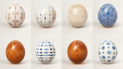 Fototapeta premium Collection of Artistic Decorative Eggs Featuring Various Patterns and Textures in a Soft Beige Background Capturing Modern Minimalist Aesthetic in Home Decor