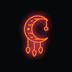 Bright neon sign is shaped like a traditional dreamcatcher with a crescent moon and hanging feathers