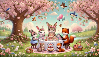 Whimsical Tea Party Under a Blooming Cherry Blossom Tree Featuring Woodland Animals in a Pastel Children's Illustration
