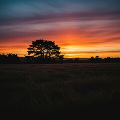 Fototapeta premium Stunning Sunset Landscape Photograph Featuring Lone Tree Against Vibrant Sky, Ideal for Nature and Scenery Lovers