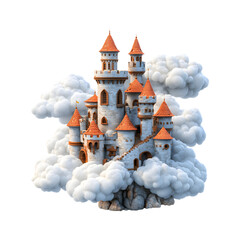 Fluffy 3D Cartoon Castle with Soft Clouds Isolated on Transparent Background