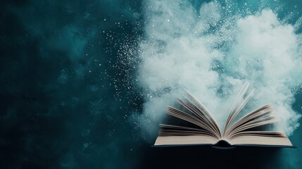 Open Book with Magical Sparkles on Blue Background