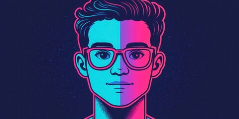 Fototapeta premium Young man with glasses in neon aesthetic style