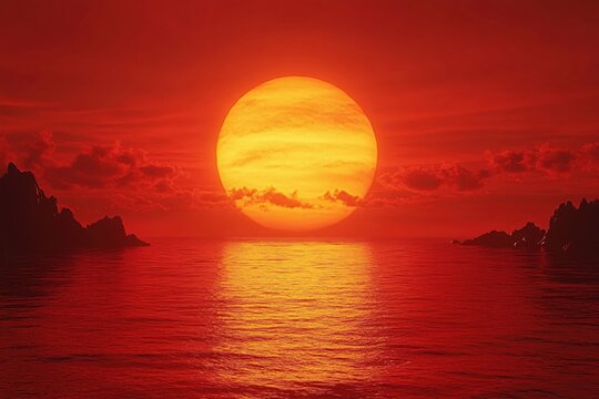 Fiery sunset over ocean with rocky shore in a red sky creating a warm and dramatic scene