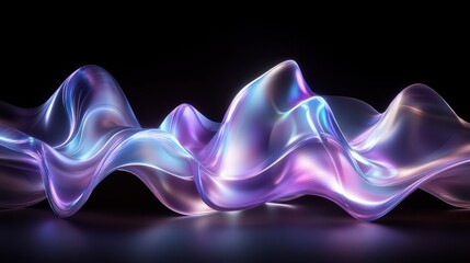 A mesmerizing 3D render of an abstract, wavy iridescent shape set against a black background.