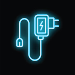 Blue neon sign of a phone charger glowing on a black background © ylivdesign